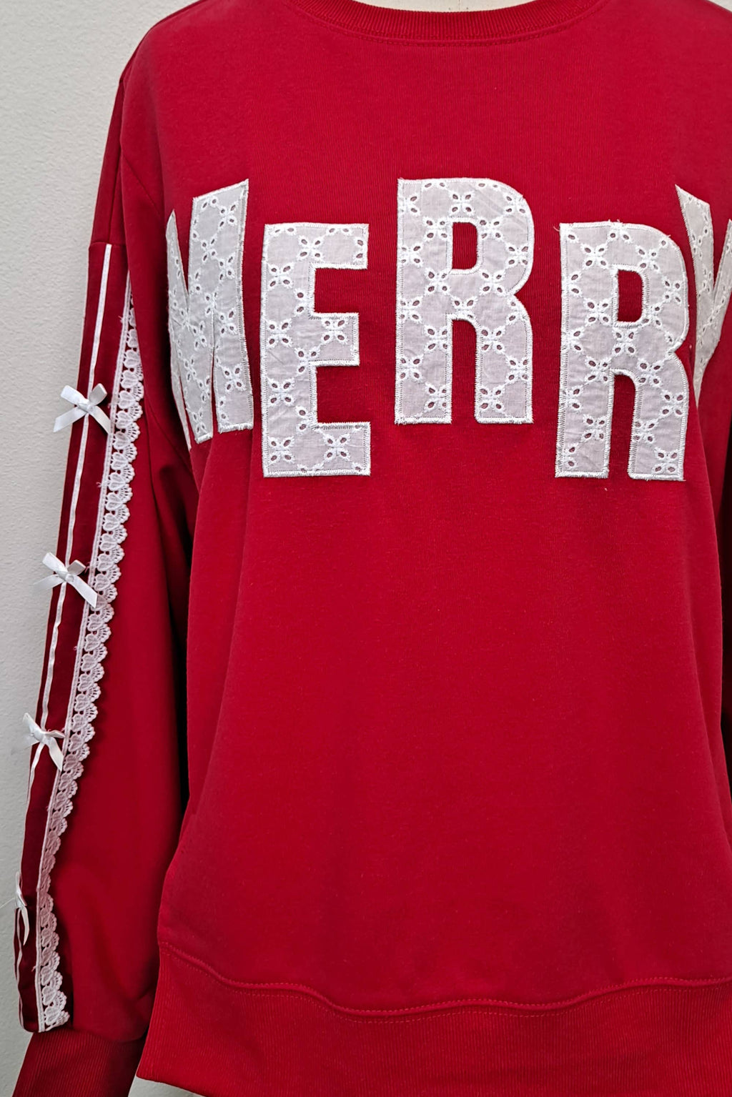 Merry Eyelet Lace Bow Sleeve Sweatshirt