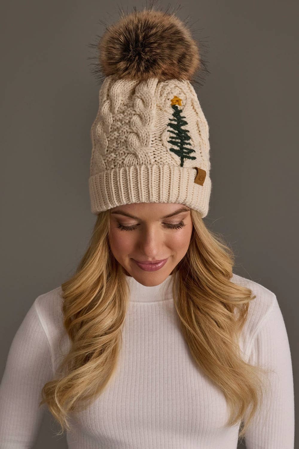 Embroidered Christmas Tree Cable Knit Pom Beanie