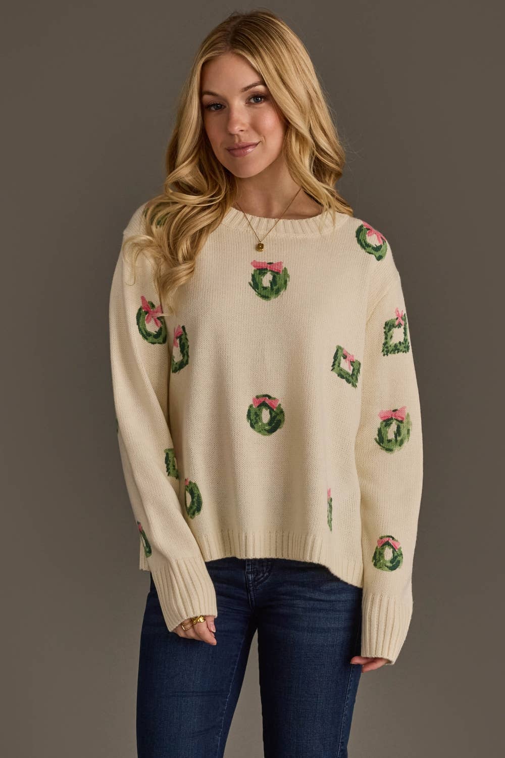 Ivory Wreath Sweater with Pink Bows
