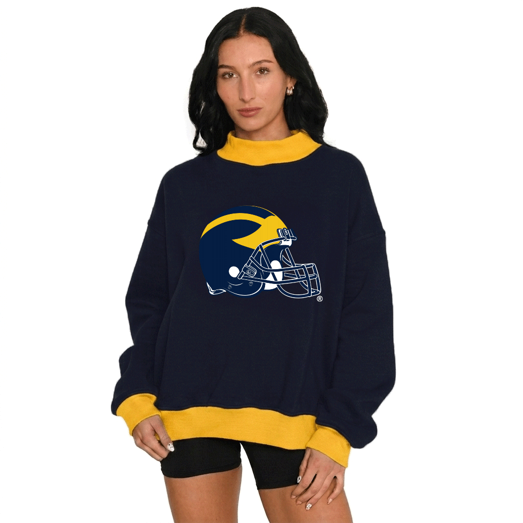 Go Blue Michigan Football Helmet Mock Neck Sweatshirt