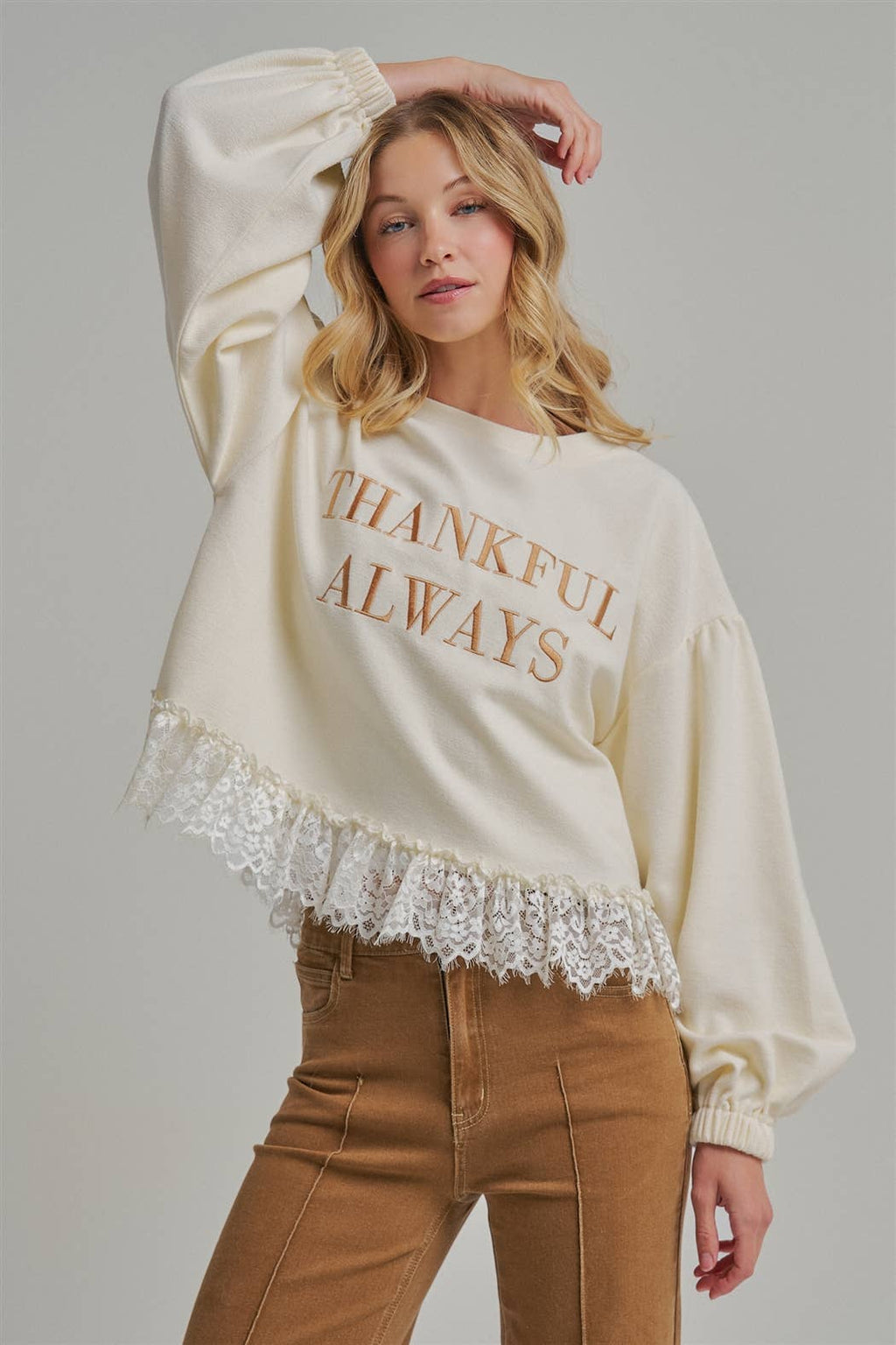 Thankful Always Lace Trim Sweatshirt
