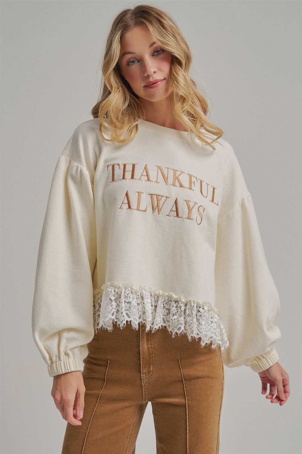 Thankful Always Lace Trim Sweatshirt
