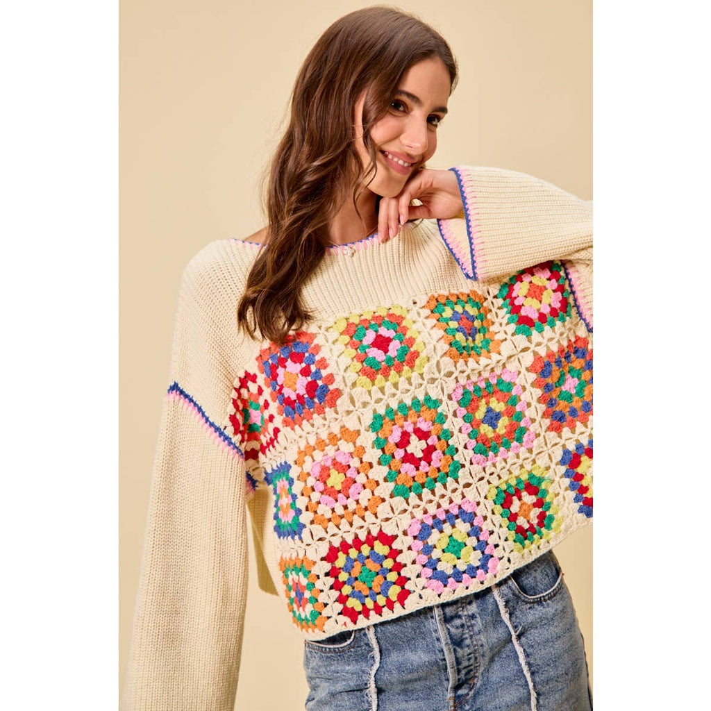 Multicolor Square Crochet Sweater Top