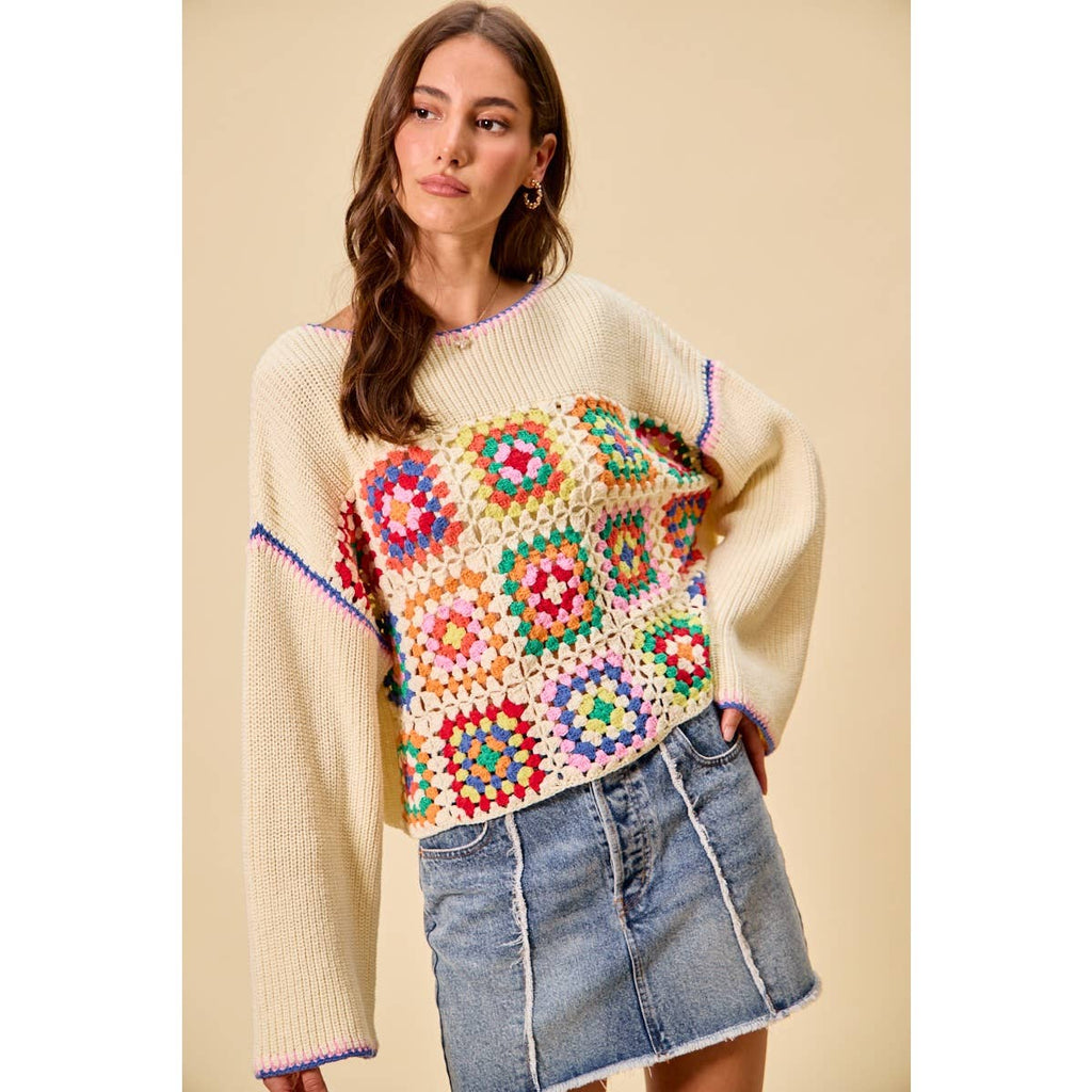 Multicolor Square Crochet Sweater Top