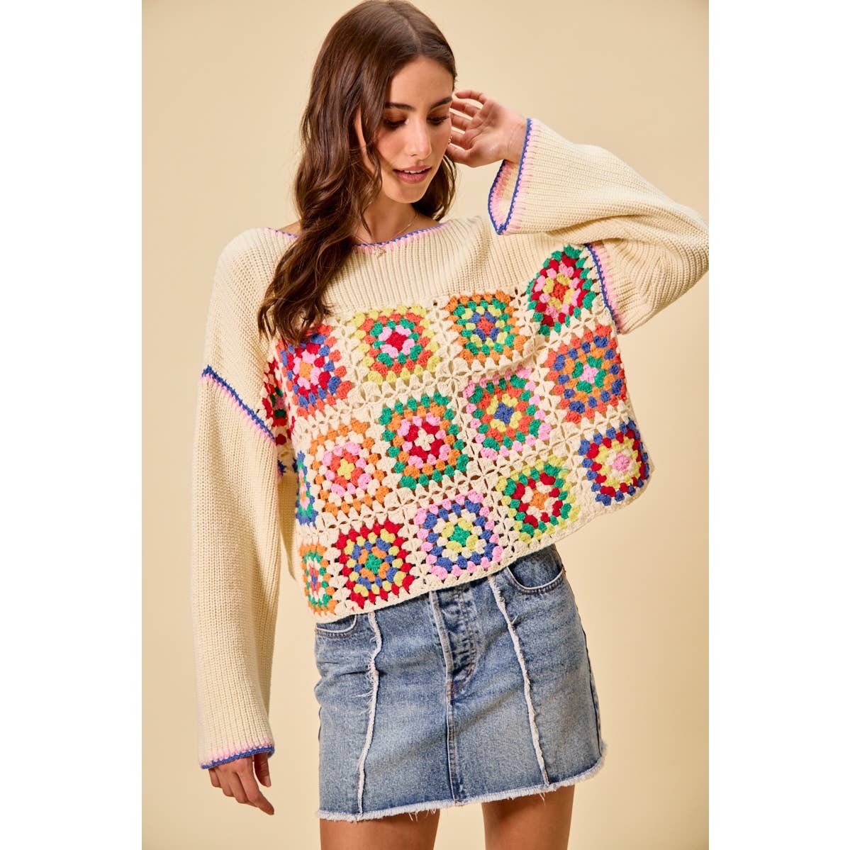 Multicolor Square Crochet Sweater Top