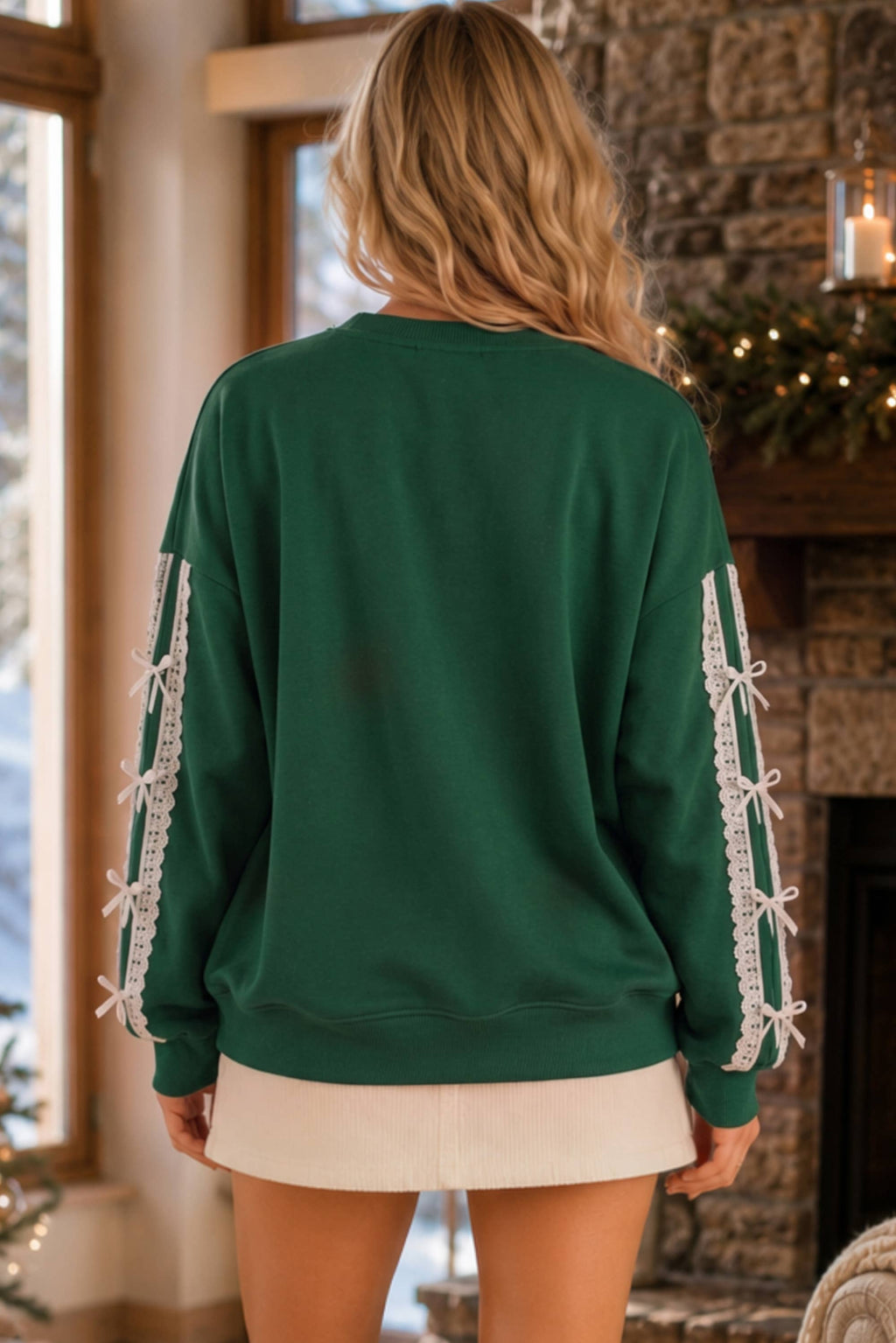 Merry Eyelet Lace Bow Sleeve Sweatshirt