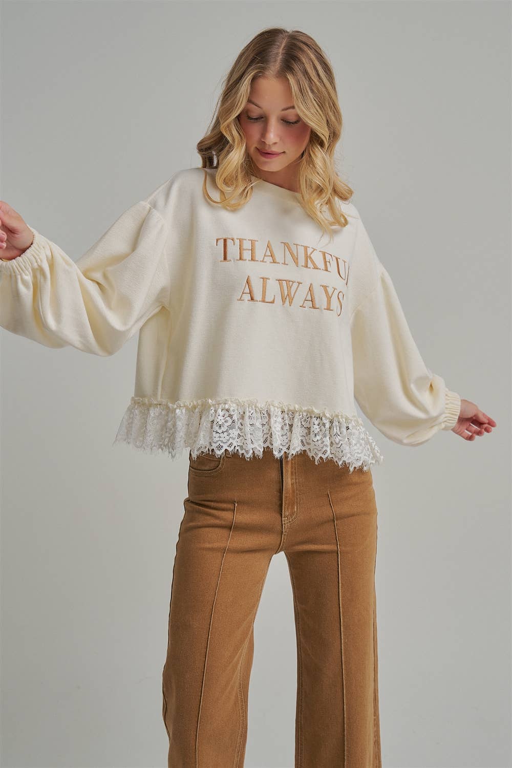 Thankful Always Lace Trim Sweatshirt