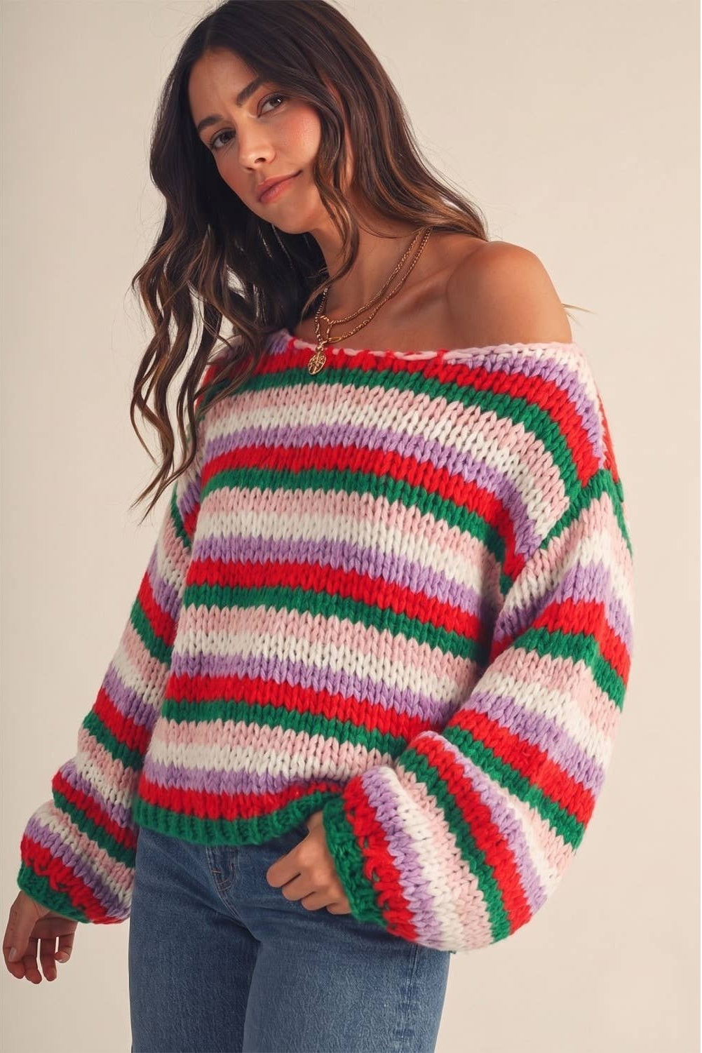 Merry Stripes Christmas Balloon Sleeve Sweater
