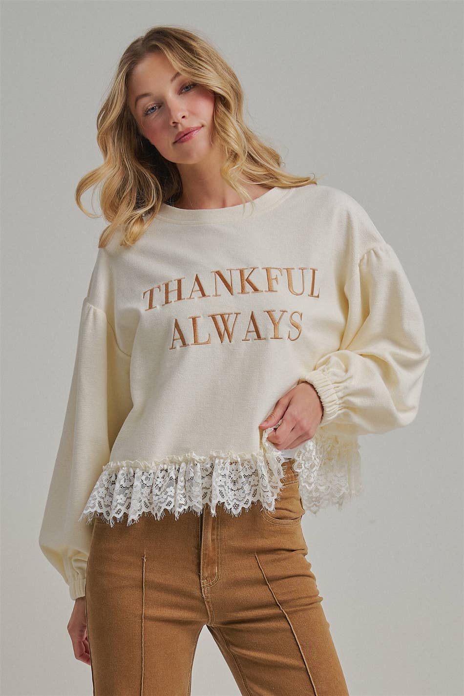 Thankful Always Lace Trim Sweatshirt