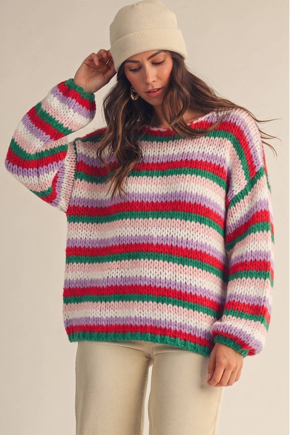 Merry Stripes Christmas Balloon Sleeve Sweater