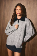 Frosted Luxe Cable Knit Faux Fur Collar Cardigan