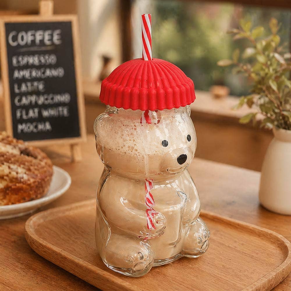 Bear Glass Tumbler with Straw